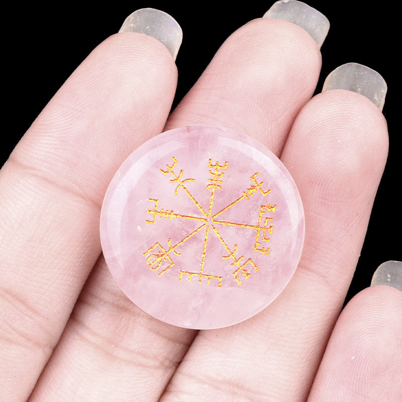 Round Natural Crystal Carved Vegvisir Viking Symbol Palm Stone