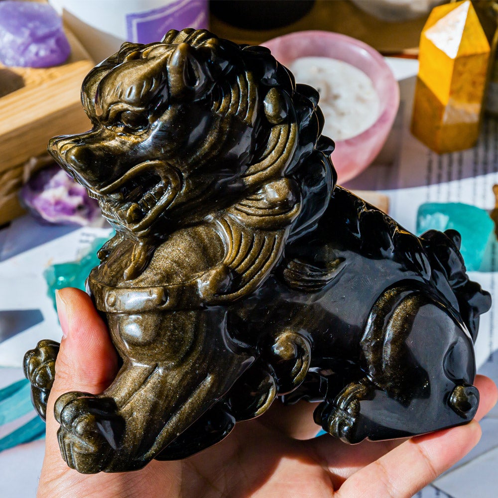 Reikistal Goldener Glanz Obsidian-Löwe