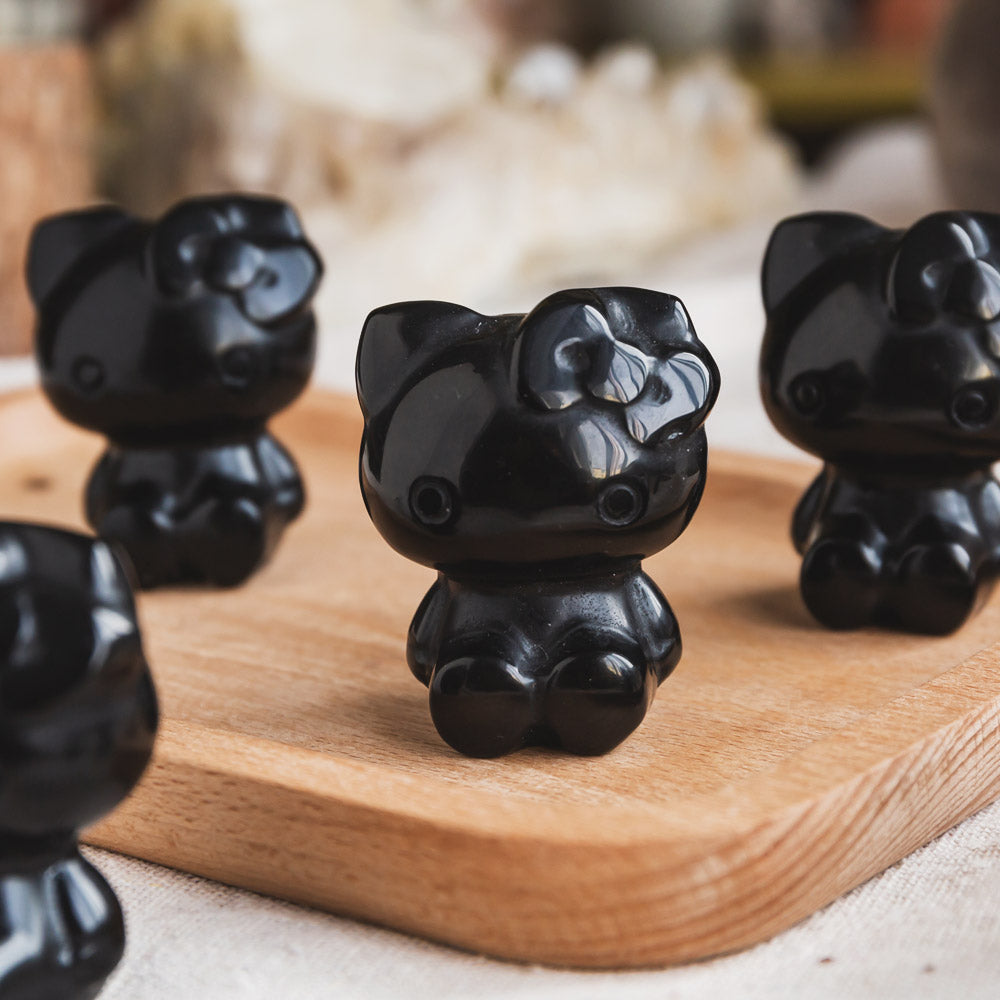 Reikistal Hello Kitty aus schwarzem Obsidian