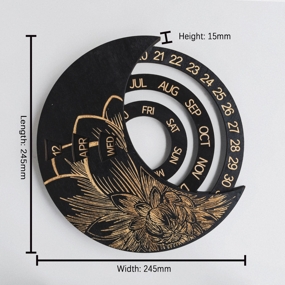 Reikistal Circle Bois Crescent Moon Calendrier Perpétuel Mur Décor