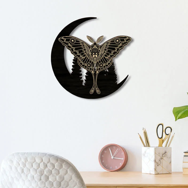 Reikistal Crescent Moon Moth Wooden Wall Decor