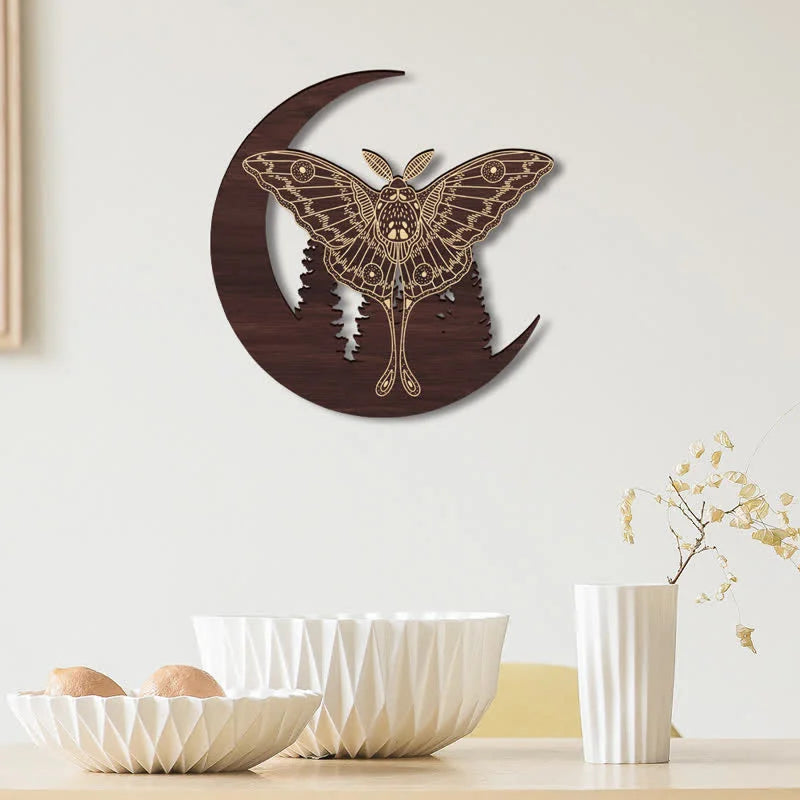 Reikistal Crescent Moon Moth Wooden Wall Decor