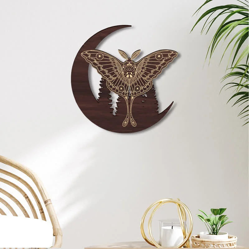 Reikistal Crescent Moon Moth Wooden Wall Decor