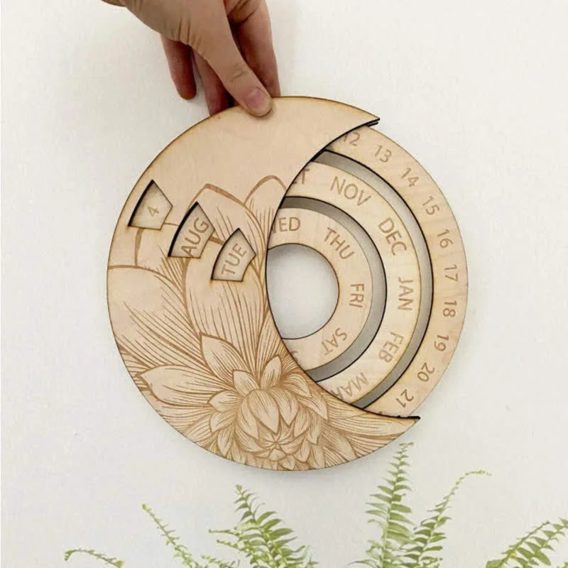 Reikistal Circle Bois Crescent Moon Calendrier Perpétuel Mur Décor