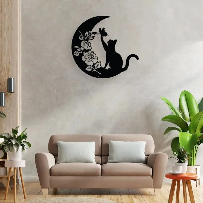 Reikistal Cresent Mond und Katze Metall Wanddekoration