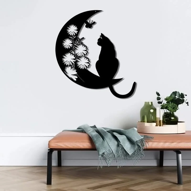 Reikistal Cresent Moon and Cat Metal Wall Decor