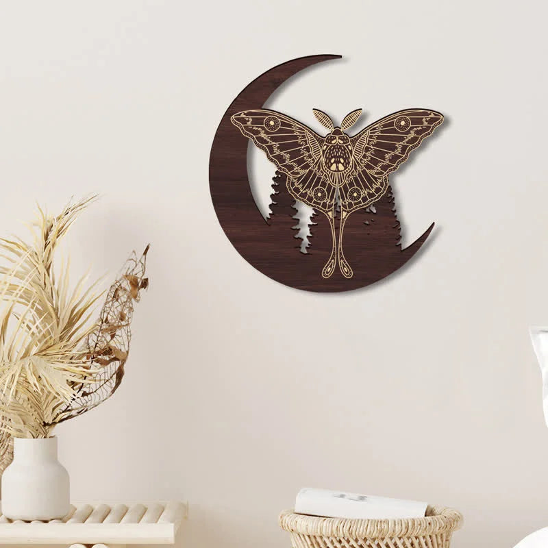 Reikistal Crescent Moon Moth Wooden Wall Decor