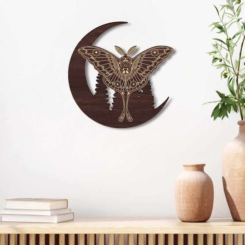 Reikistal Crescent Moon Moth Wooden Wall Decor