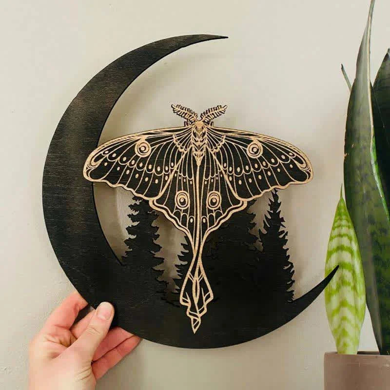 Reikistal Crescent Moon Moth Wooden Wall Decor