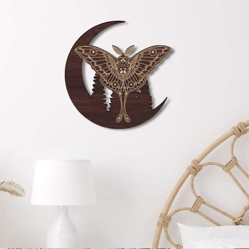 Reikistal Crescent Moon Moth Wooden Wall Decor