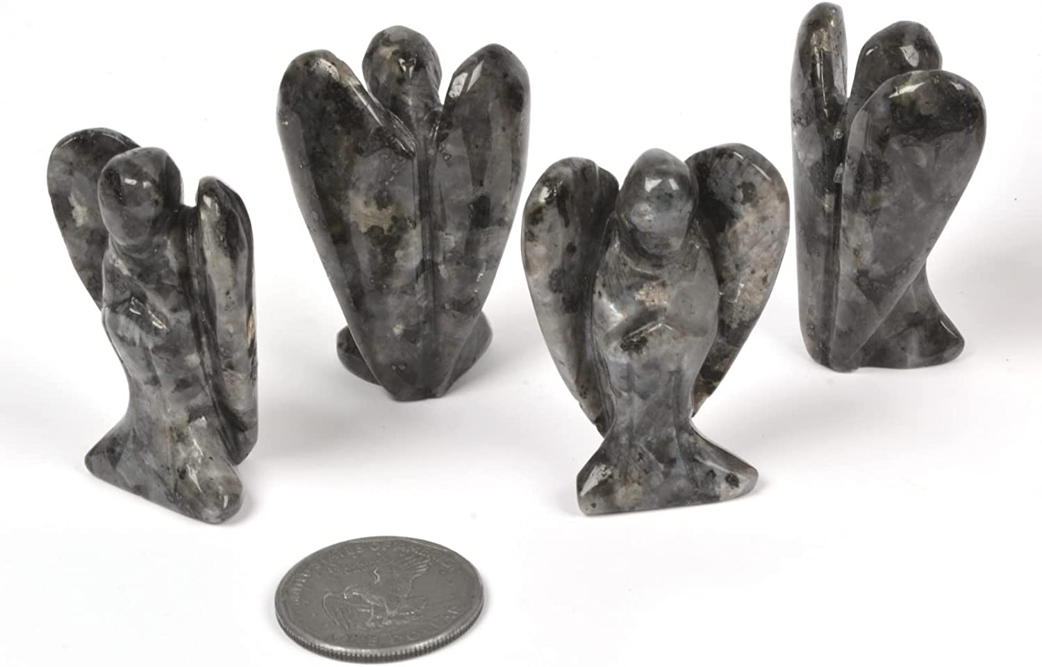 Reikistal Justinstones snidade svart Obsidian Ädelsten Peace Angel Pocket Guardian Angel Healing Staty 2 tum