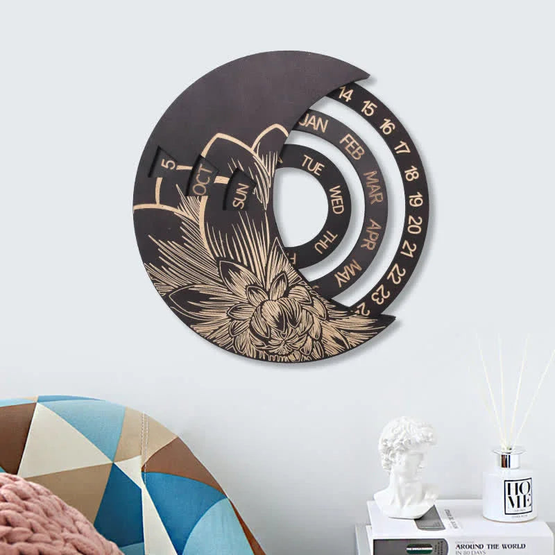 Reikistal Circle Bois Crescent Moon Calendrier Perpétuel Mur Décor