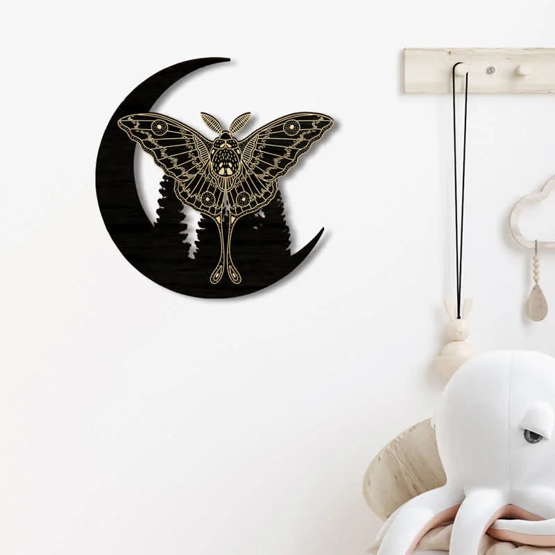 Reikistal Crescent Moon Moth Wooden Wall Decor