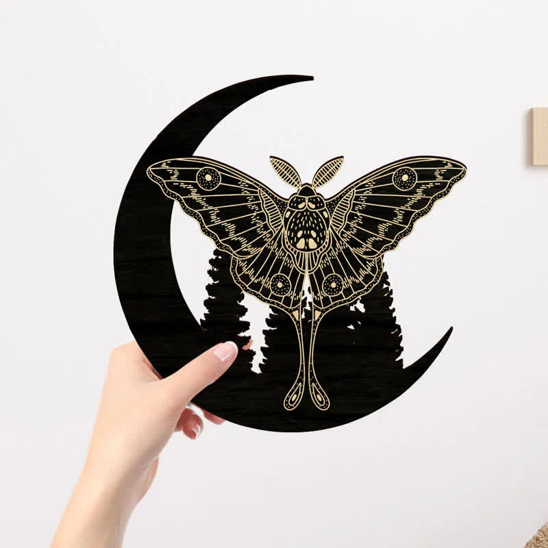 Reikistal Crescent Moon Moth Wooden Wall Decor