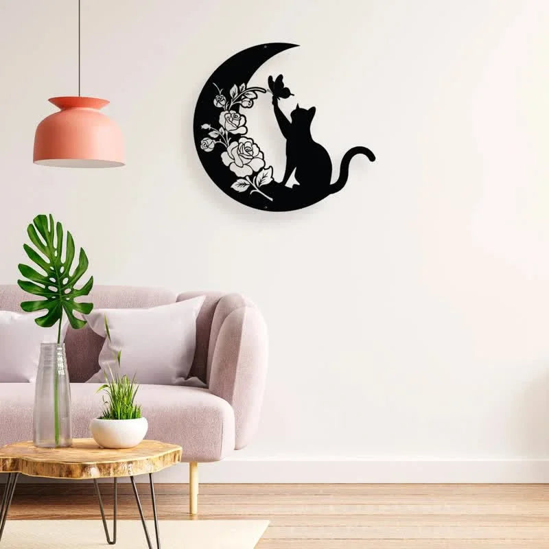 Reikistal Cresent Moon and Cat Metal Wall Decor