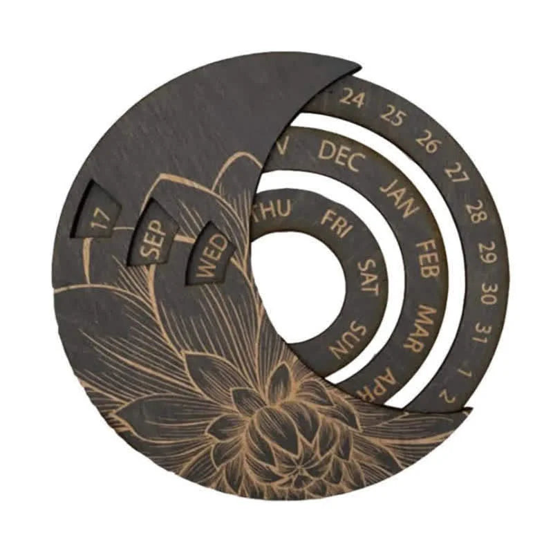 Reikistal Circle Bois Crescent Moon Calendrier Perpétuel Mur Décor