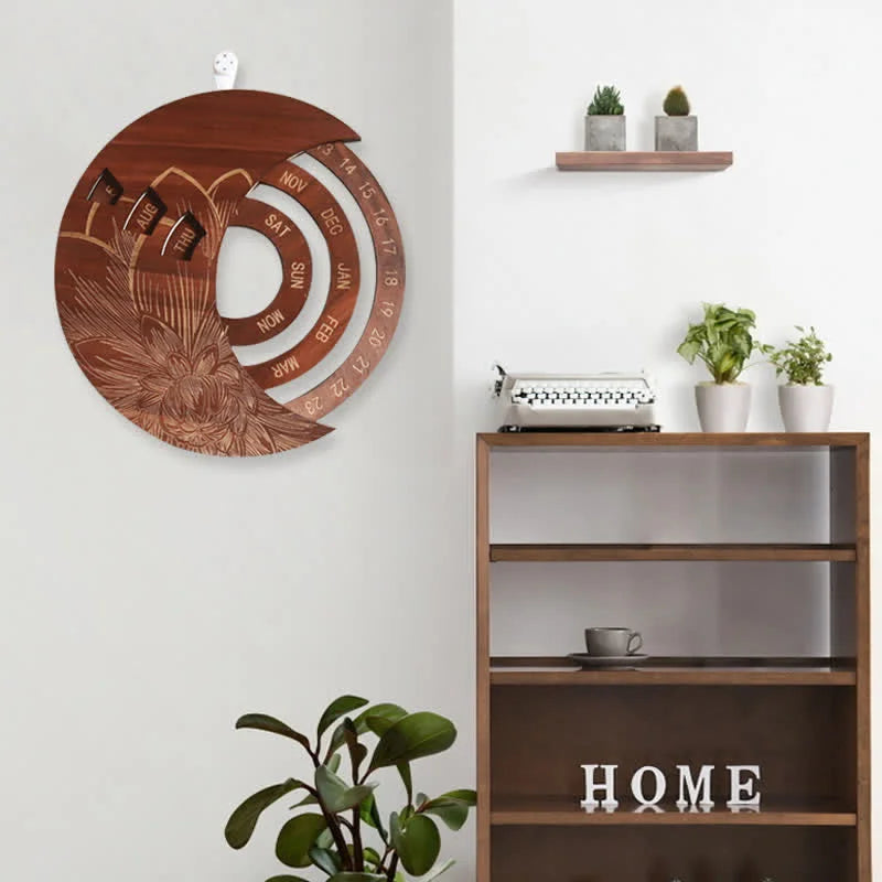 Reikistal Circle Wooden Crescent Moon Perpetual Calendar Wall Decor