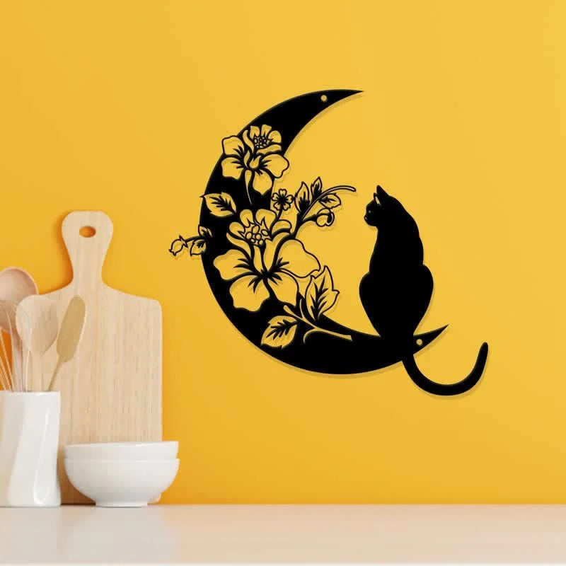 Reikistal Cresent Moon and Cat Metal Wall Decor